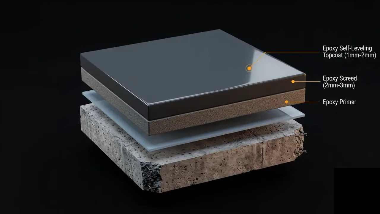Epoxy flooring system layers — primer, screed and self-leveling topcoat by POLYZEN