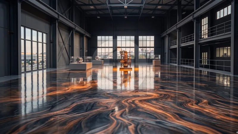 Metallic epoxy decorative flooring in showroom - reference application